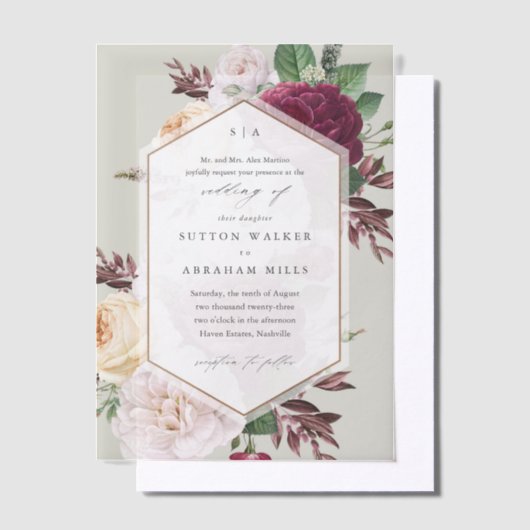 エレガントヴィンテージ結婚フローラ ベラム紙招待状 (オフセット)