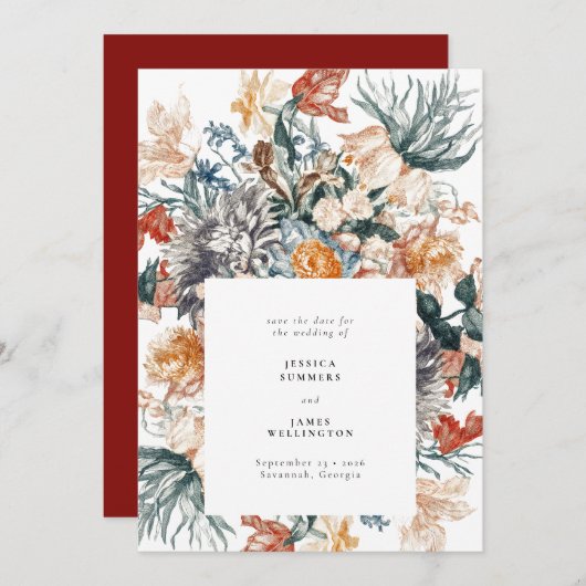 エレガントヴィンテージ花絵画の結婚花 セーブザデート (正面/裏面)