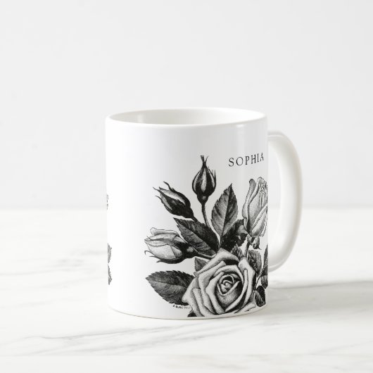 エレガントヴィンテージ茶バラ |白黒 コーヒーマグカップ (正面右)