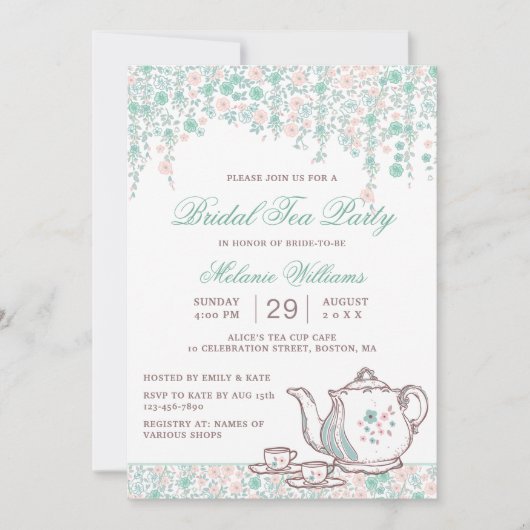 エレガントヴィンテージ茶パーティー |フローラブライダルシャワー 招待状 (正面)