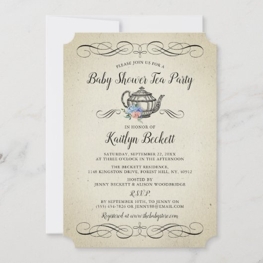 エレガントヴィンテージ茶パーティー |ベビーシャワー招待状 招待状 (正面)
