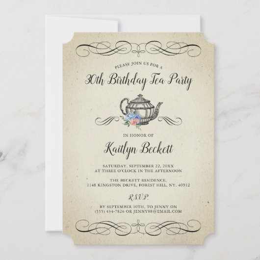 エレガントヴィンテージ茶パーティー |誕生日パーティー 招待状 (正面)