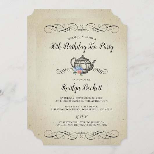 エレガントヴィンテージ茶パーティー |誕生日パーティー 招待状 (正面/裏面)