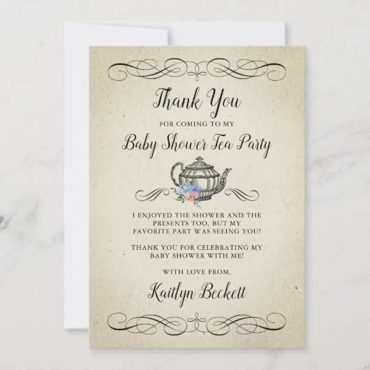エレガントヴィンテージ茶パーティー |赤ちゃんシャワー サンキューカード (正面)