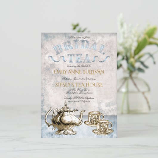 エレガントヴィンテージ茶ポット | Cupsブライダルティーシャワー 招待状 (スタンド正面)
