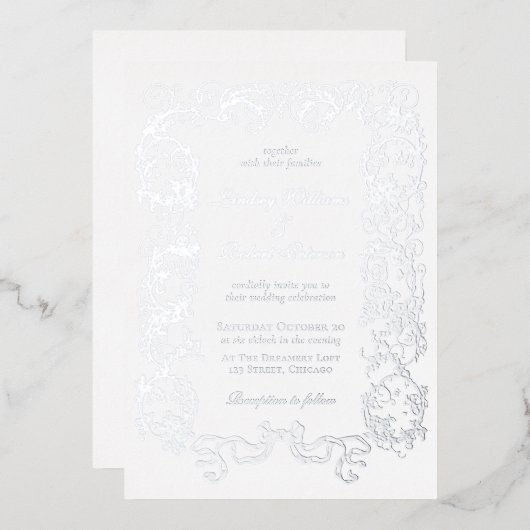 エレガントヴィンテージ華美ホワイトグレーシルバー 箔招待状 (正面/裏面)
