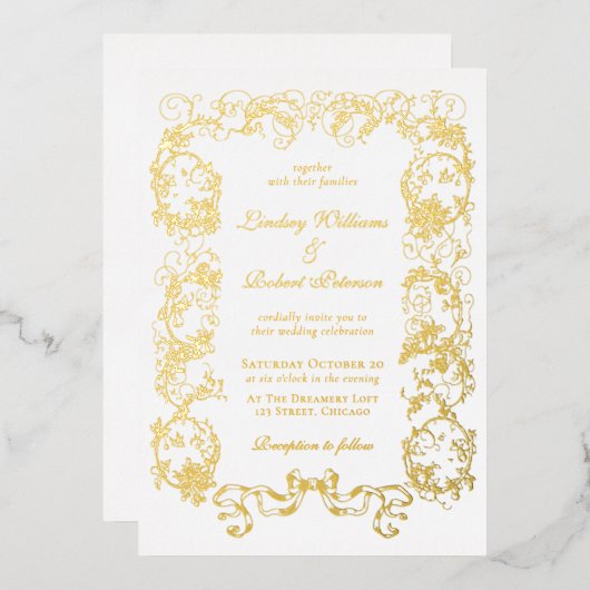 エレガントヴィンテージ華美白金ゴールド 箔招待状 (正面/裏面)