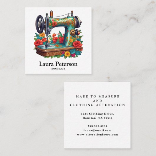 エレガントヴィンテージ裁縫機赤バラ花 スクエア名刺 (正面/裏面)