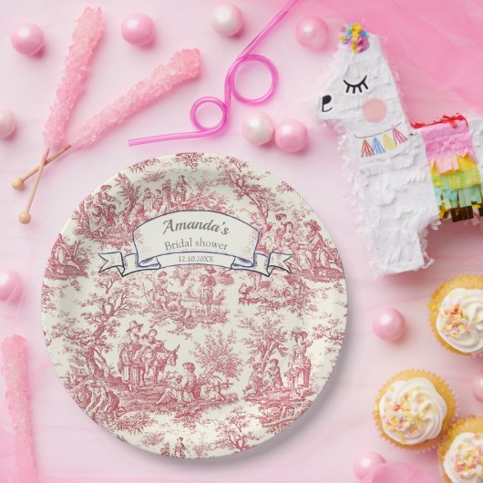 エレガントヴィンテージ赤いトワールデジュイミモノグラム ペーパープレート (パーティー)