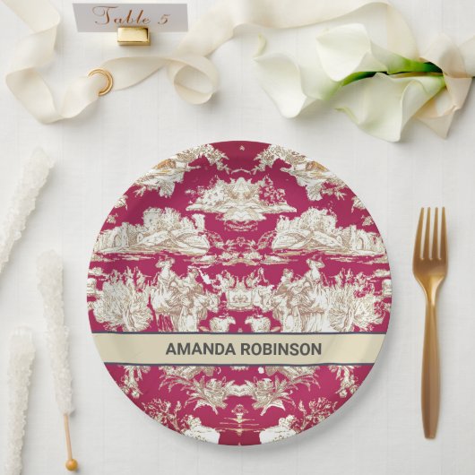 エレガントヴィンテージ赤い湖トイレデジュイミモノグラム ペーパープレート (ウェディング)