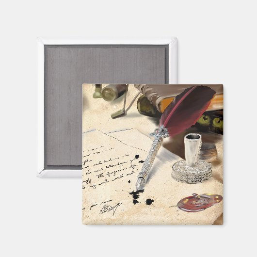 エレガントヴィンテージ赤い羽毛のクールペンとインクウェル マグネット (正面/裏面)