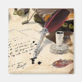 エレガントヴィンテージ赤い羽毛のクールペンとインクウェル マグネット (正面)