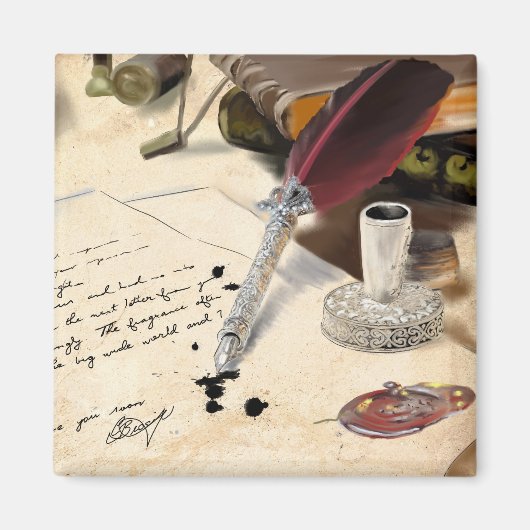 エレガントヴィンテージ赤い羽毛のクールペンとインクウェル マグネット (正面)