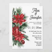 エレガントヴィンテージ赤ポインセチアとパ結婚イン 招待状 (正面/裏面)