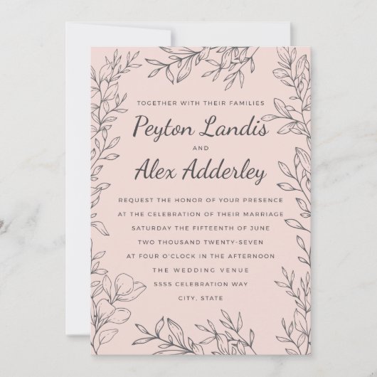 エレガントヴィンテージ赤面ピンクボ結婚タニカル 招待状 (正面)