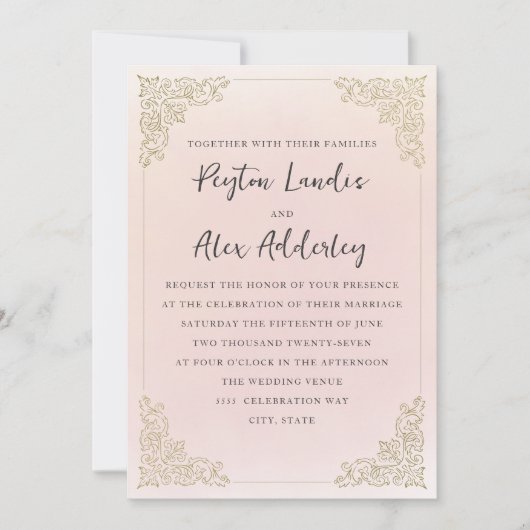 エレガントヴィンテージ赤面ピンク金ゴールド 招待状 (正面)