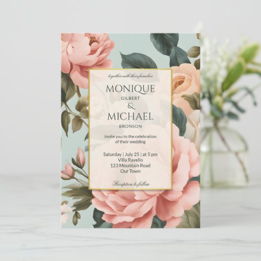 エレガントヴィンテージ赤面桃フローラを一つにまとめる 招待状 (スタンド正面)