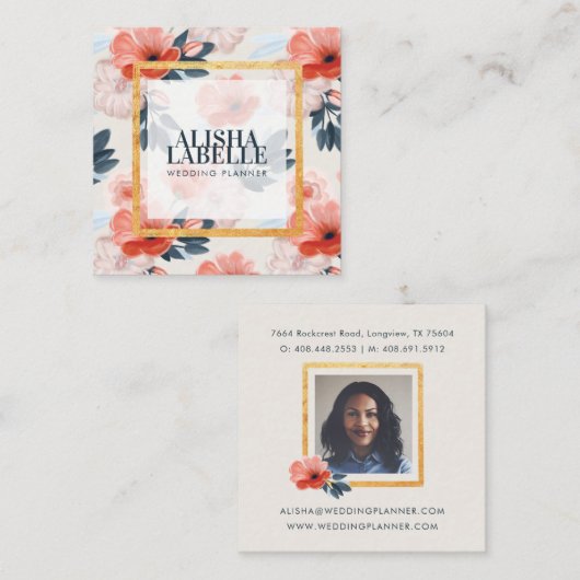 エレガントヴィンテージ赤面花模様金ゴールドポートフレーム スクエア名刺 (正面/裏面)