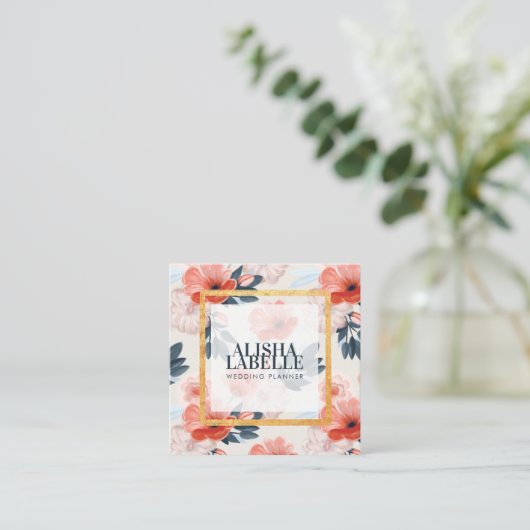 エレガントヴィンテージ赤面花模様金ゴールドポートフレーム スクエア名刺 (スタンド正面)