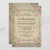 エレガントヴィンテージ辞書プリントとバラ 招待状 (正面/裏面)