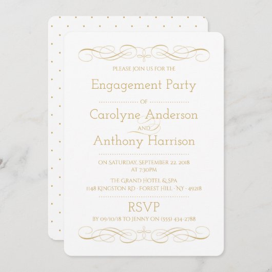 エレガントヴィンテージ金ゴールドとホワイト婚約パーティ 招待状 (正面/裏面)