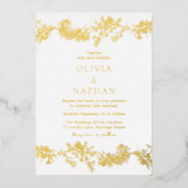 エレガントヴィンテージ金ゴールドと白フローラ結婚の 箔招待状 (正面)
