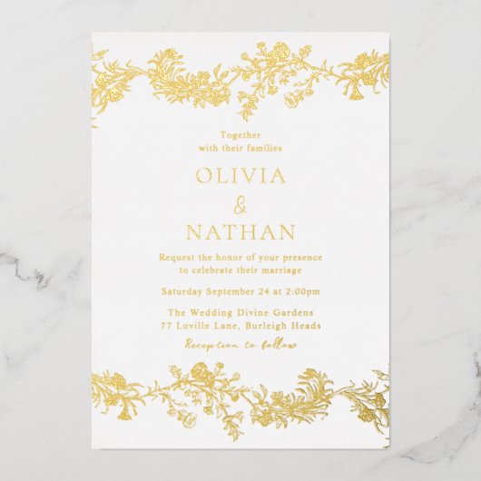 エレガントヴィンテージ金ゴールドと白フローラ結婚の 箔招待状 (正面)
