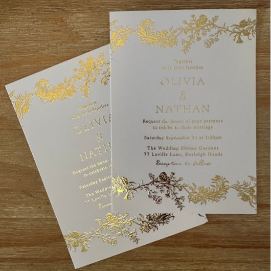エレガントヴィンテージ金ゴールドと白フローラ結婚の 箔招待状
