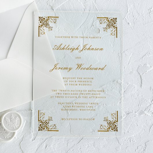 エレガントヴィンテージ金ゴールドス華美クリプト結婚コーナー アクリル招待状