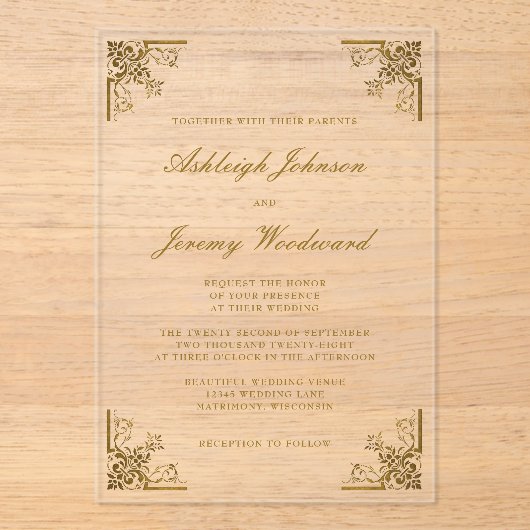 エレガントヴィンテージ金ゴールドス華美クリプト結婚コーナー アクリル招待状 (正面)