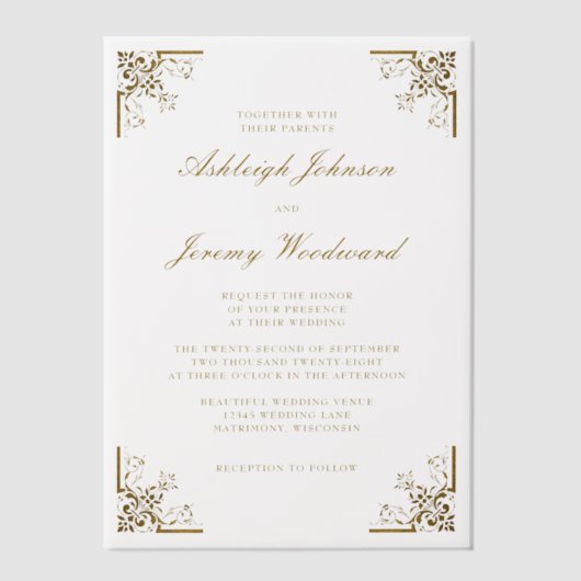 エレガントヴィンテージ金ゴールドス華美クリプト結婚コーナー ベラム紙招待状 (正面)