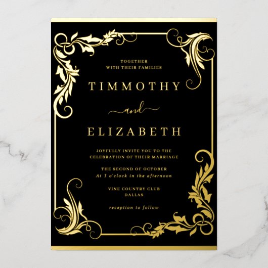 エレガントヴィンテージ金ゴールドブ結婚ラック 箔招待状 (正面)