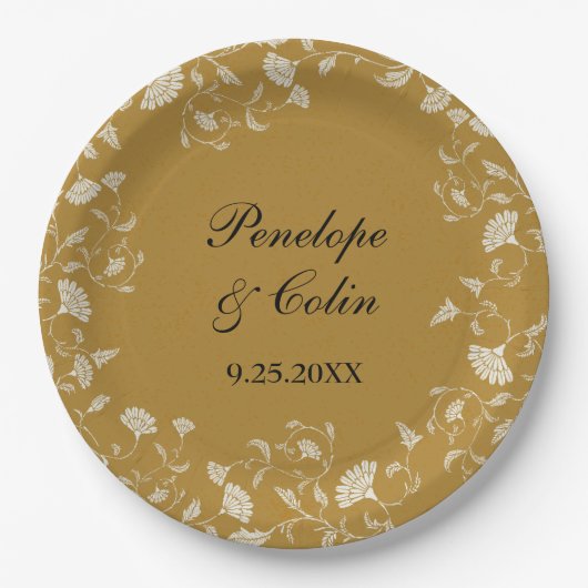 エレガントヴィンテージ金ゴールド新郎氏結婚名 ペーパープレート (正面)