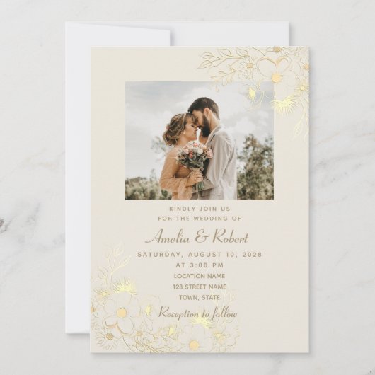 エレガントヴィンテージ金ゴールド結婚写真 招待状 (正面)