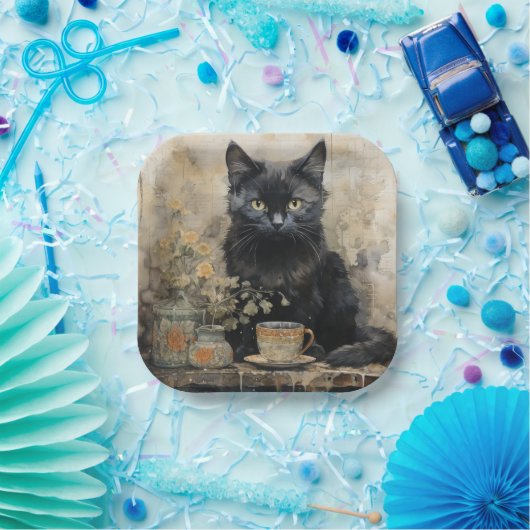エレガントヴィンテージ黒猫 ペーパープレート (パーティー)