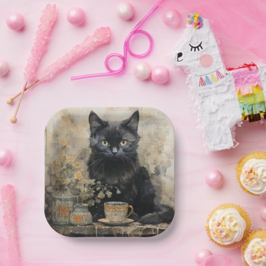 エレガントヴィンテージ黒猫 ペーパープレート (パーティー)
