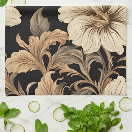 エレガントヴィンテージ黒花柄 キッチンタオル (折り畳み)