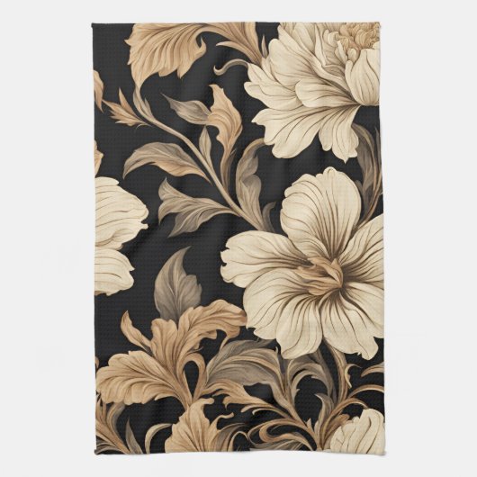 エレガントヴィンテージ黒花柄 キッチンタオル (縦)