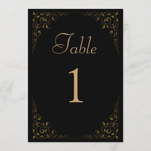 エレガントヴィンテージ黒金ゴールド結婚のテーブル番号 招待状 (裏面)