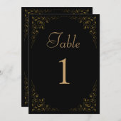 エレガントヴィンテージ黒金ゴールド結婚のテーブル番号 招待状 (正面/裏面)