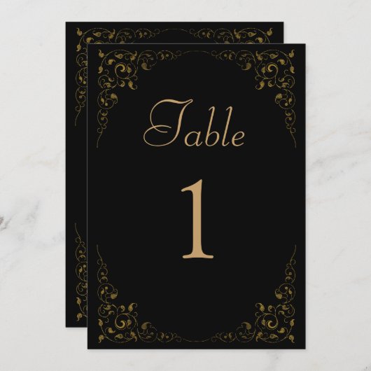 エレガントヴィンテージ黒金ゴールド結婚のテーブル番号 招待状 (正面/裏面)