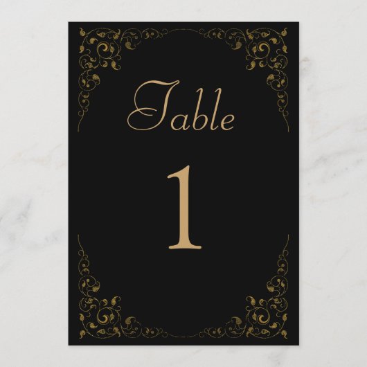 エレガントヴィンテージ黒金ゴールド結婚のテーブル番号 招待状 (正面)