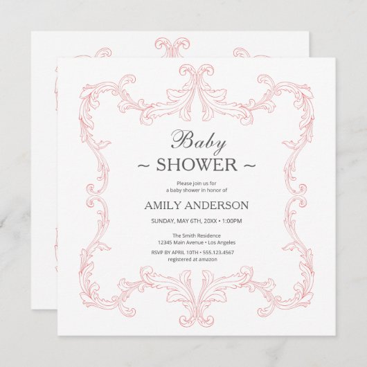 エレガントヴィンテージ | 水彩ピンク 招待状 (正面/裏面)