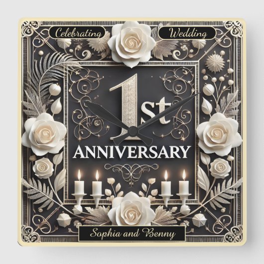 エレガント一周年記念お祝い スクエア壁時計 (正面)