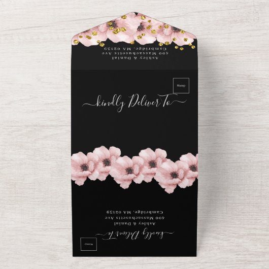 エレガント上品なロージー結婚ブラック オールインワン招待状 (外側)