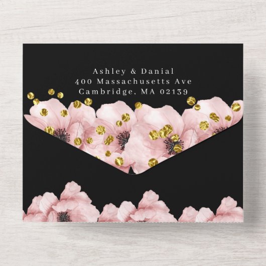 エレガント上品なロージー結婚ブラック オールインワン招待状 (裏面)