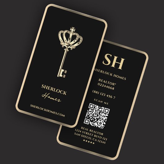 エレガント不動産仲介業者クラウン鍵ブラックフェイク金ゴールドトリム 名刺
