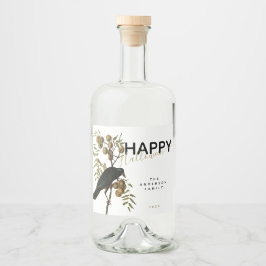 エレガント不気味ハッピーハローウィンブラックRavenファミリー リキュールボトルラベル (正面)