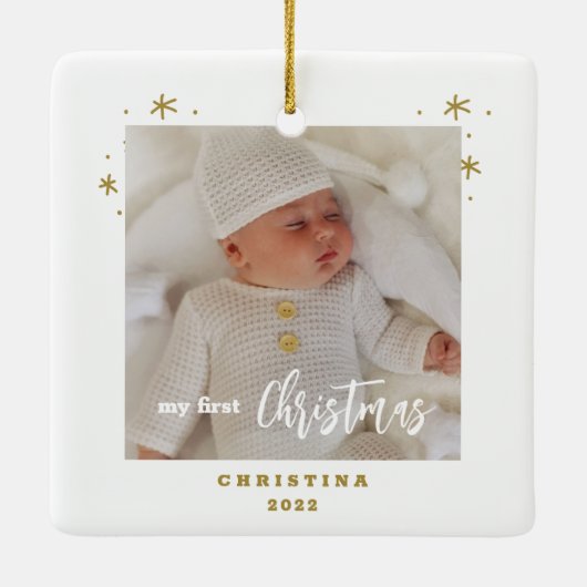 エレガント両面自分の初めてのクリスマスベビーの写真C セラミックオーナメント (裏面)