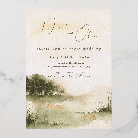 エレガント中性水色ソフトランドスケープ結婚ズ 箔招待状 (正面)